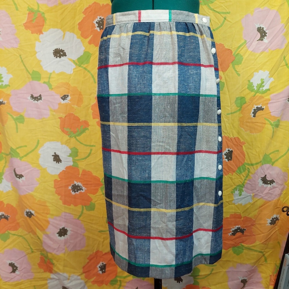 Vintage 80s Personal Petites Plaid Button Side Midi Skirt Blue Red Yellow Small